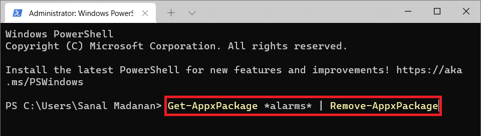 Perintah Windows PowerShell untuk menghapus aplikasi alarm