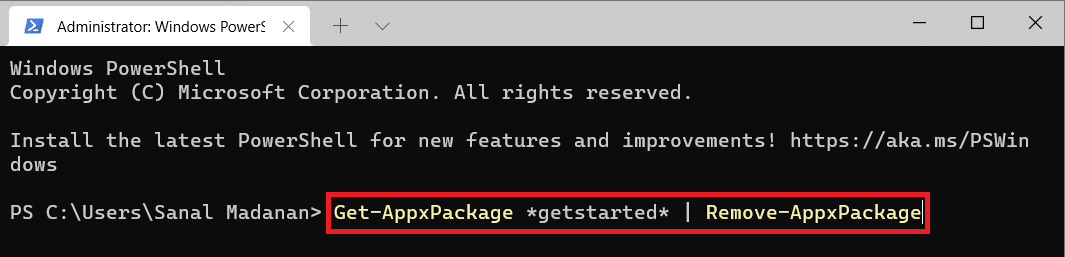 Perintah Windows PowerShell untuk menghapus aplikasi yang baru dimulai
