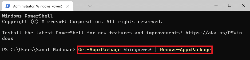 Perintah Windows PowerShell untuk menghapus bingnews