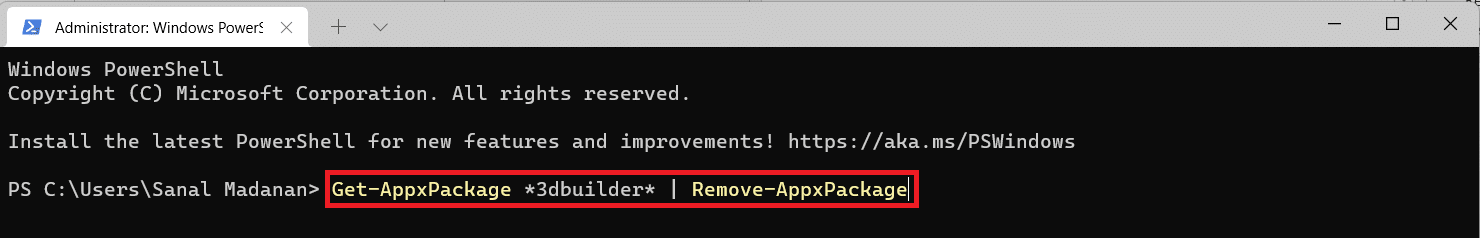 Perintah Windows PowerShell untuk menghapus aplikasi 3dbuilder