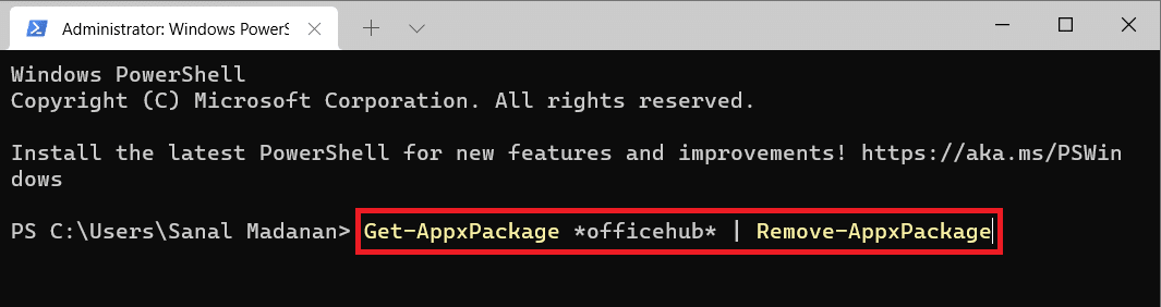 perintah untuk menghapus aplikasi officehub