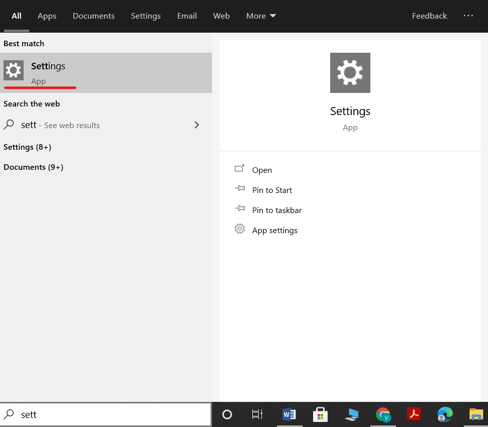 通过搜索菜单启动设置。