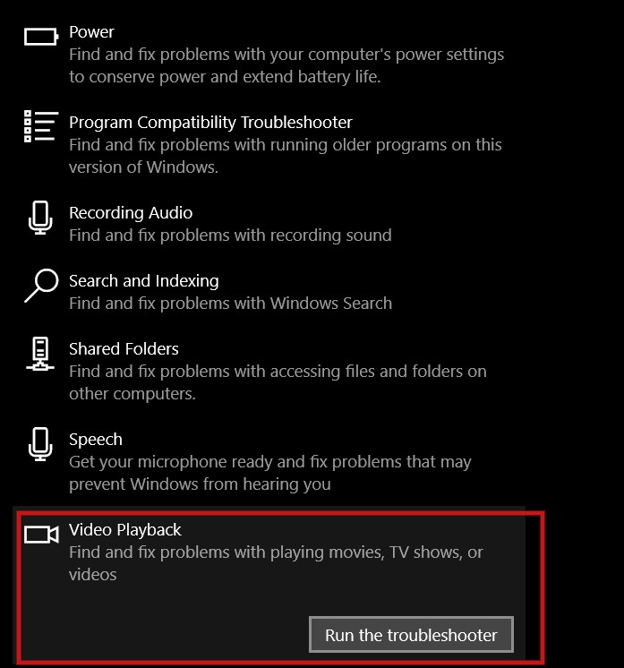 向下滚动以选择视频播放，然后单击运行疑难解答。