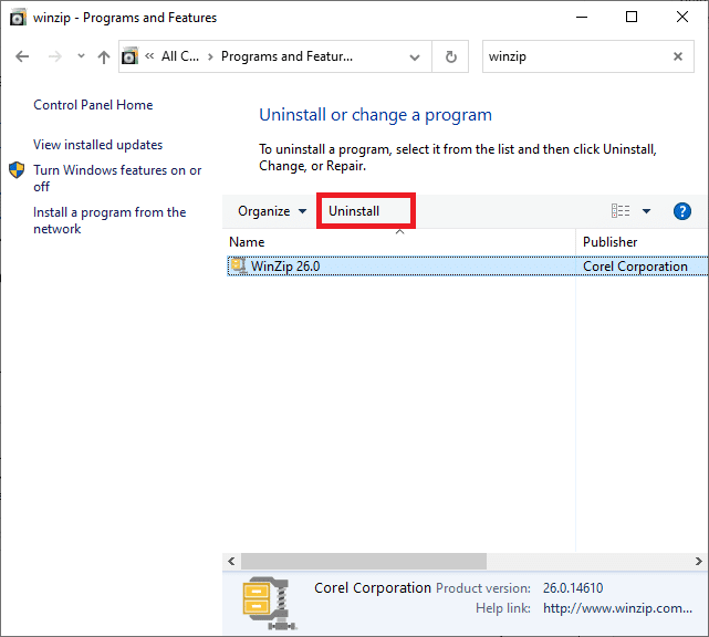 WinZipをクリックして、[アンインストール]オプションを選択します。