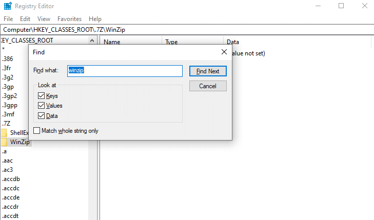 次に、Ctrl + Fキーを同時に押して、[検索する文字列]フィールドにwinzipと入力します。