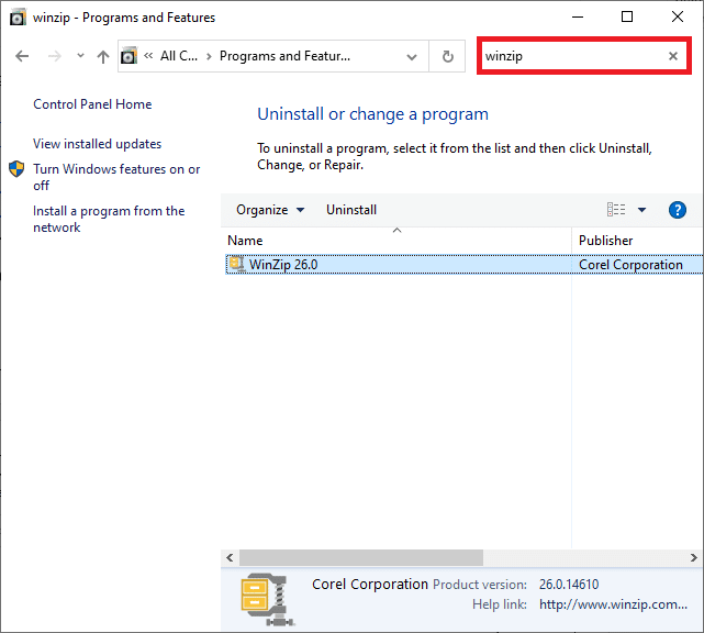 [プログラムと機能]ウィ​​ンドウが開きます。次に、右上隅の検索バーでWinZipを検索します。