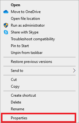 右クリックしてプロパティオプションを選択します。 Windows10でMicrosoftOfficeが開かない問題を修正