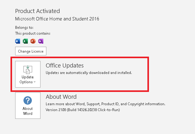 OfficeUpdatesの横にあるUpdateOptionsをクリックします。