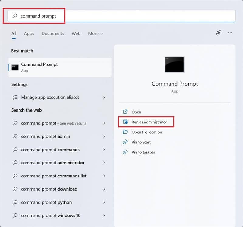 [スタート]をクリックしてコマンドプロンプトを入力し、[管理者として実行] Windows11をクリックします。