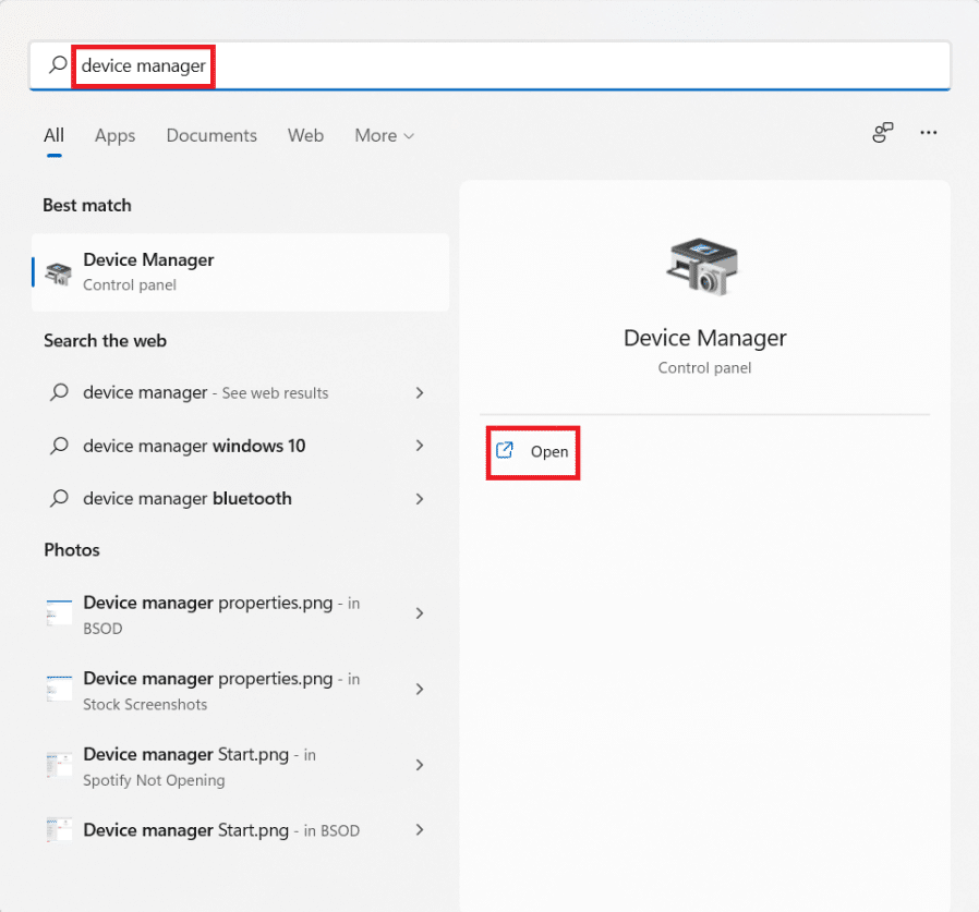 [スタート]メニューの検索に「デバイスマネージャー」と入力し、[Windows11を開く]をクリックします。
