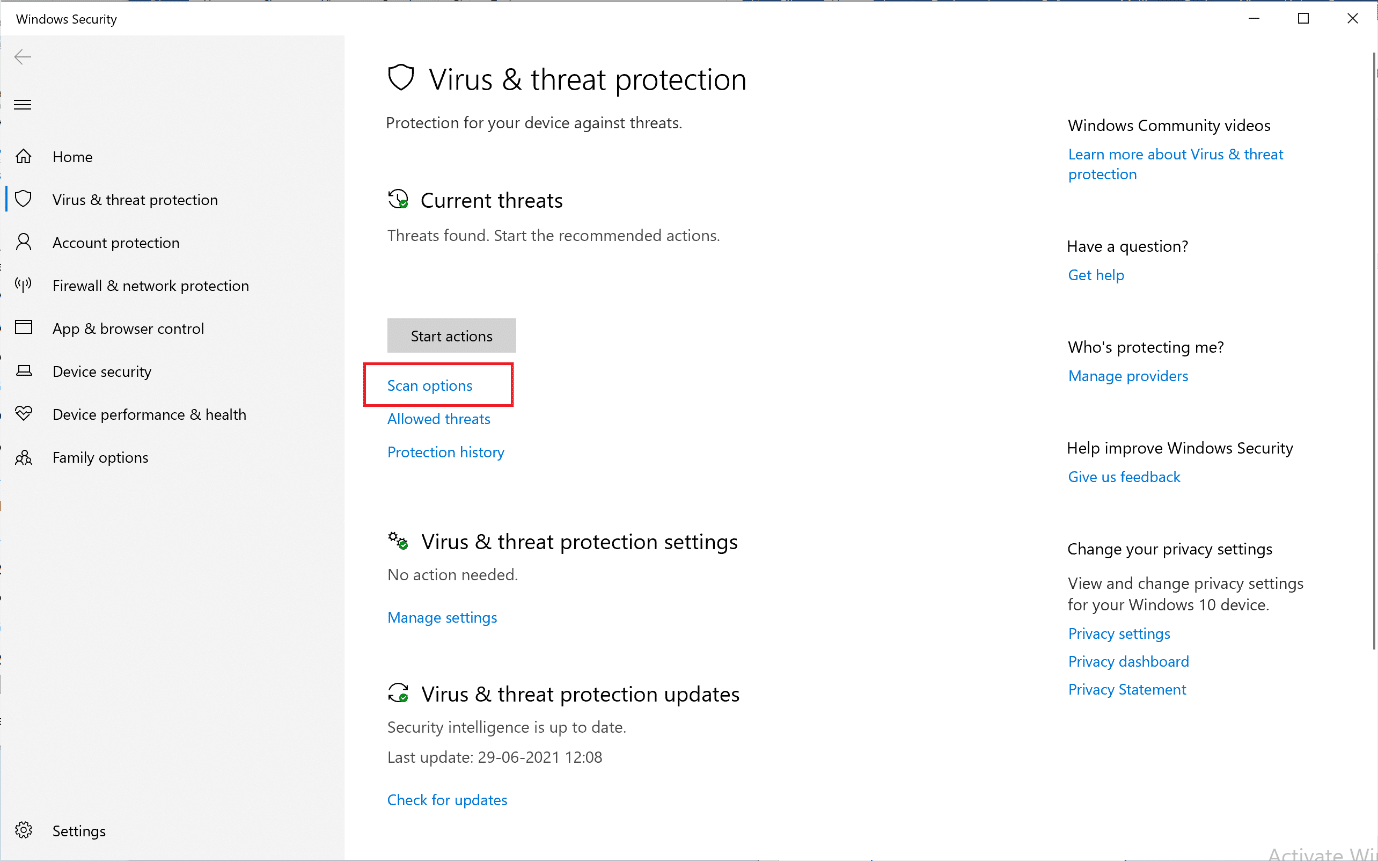 スキャンオプションをクリックします。 Windows10のデスエラーの黄色い画面を修正
