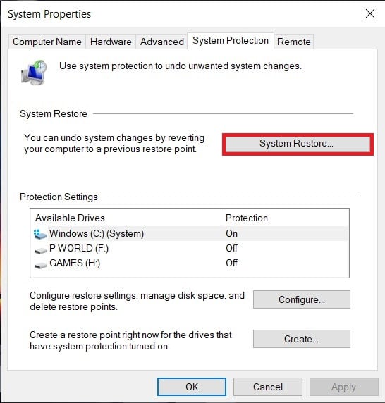 次に、以下で強調表示されているように、[システムの復元]を選択します。
