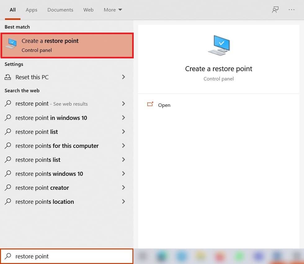 Windowsサーチパネルに復元ポイントと入力し、最初の結果をクリックします。