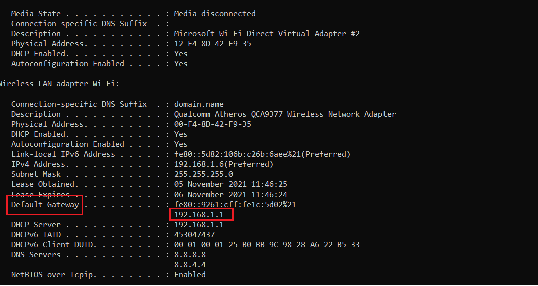 在 cmd 或命令提示符中執行 ipconfig 命令後查找默認網關詳細信息