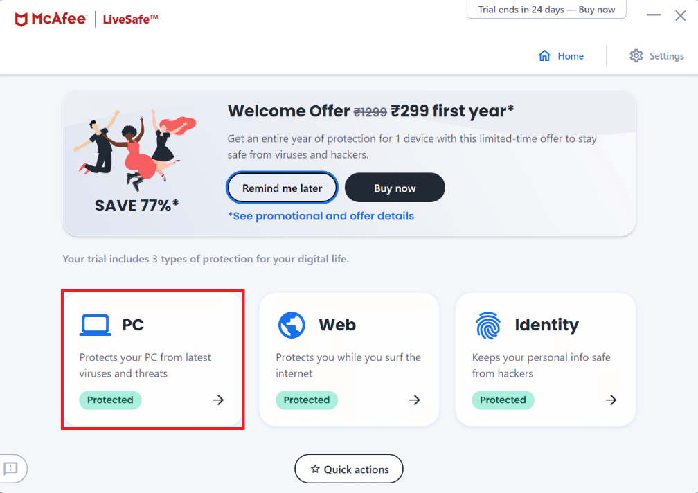 在 McAfee Live Safe 中選擇 PC 菜單選項。如何在 Windows 11 上提高 Internet 速度