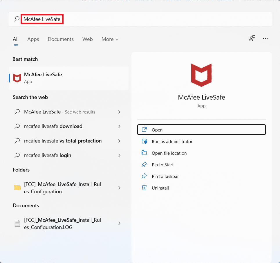 McAfee 的開始菜單搜索結果 |如何在 Windows 11 上提高互聯網速度