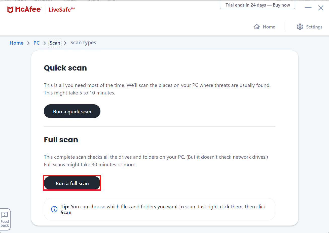 在可用的掃描類型中選擇運行完整掃描 McAfee 防病毒軟件