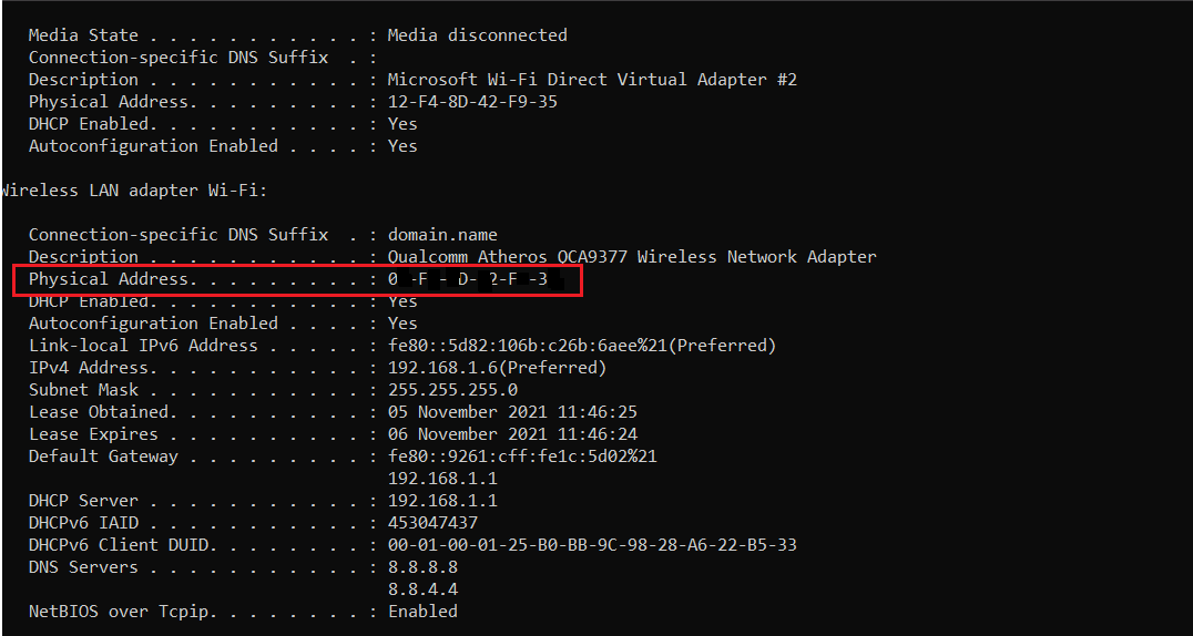 ipconfig 命令結果命令提示符中的物理地址或 MAC 地址信息