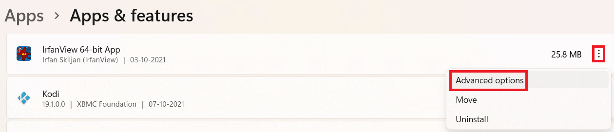 應用程序和功能中的三點菜單。如何在 Windows 11 上提高 Internet 速度