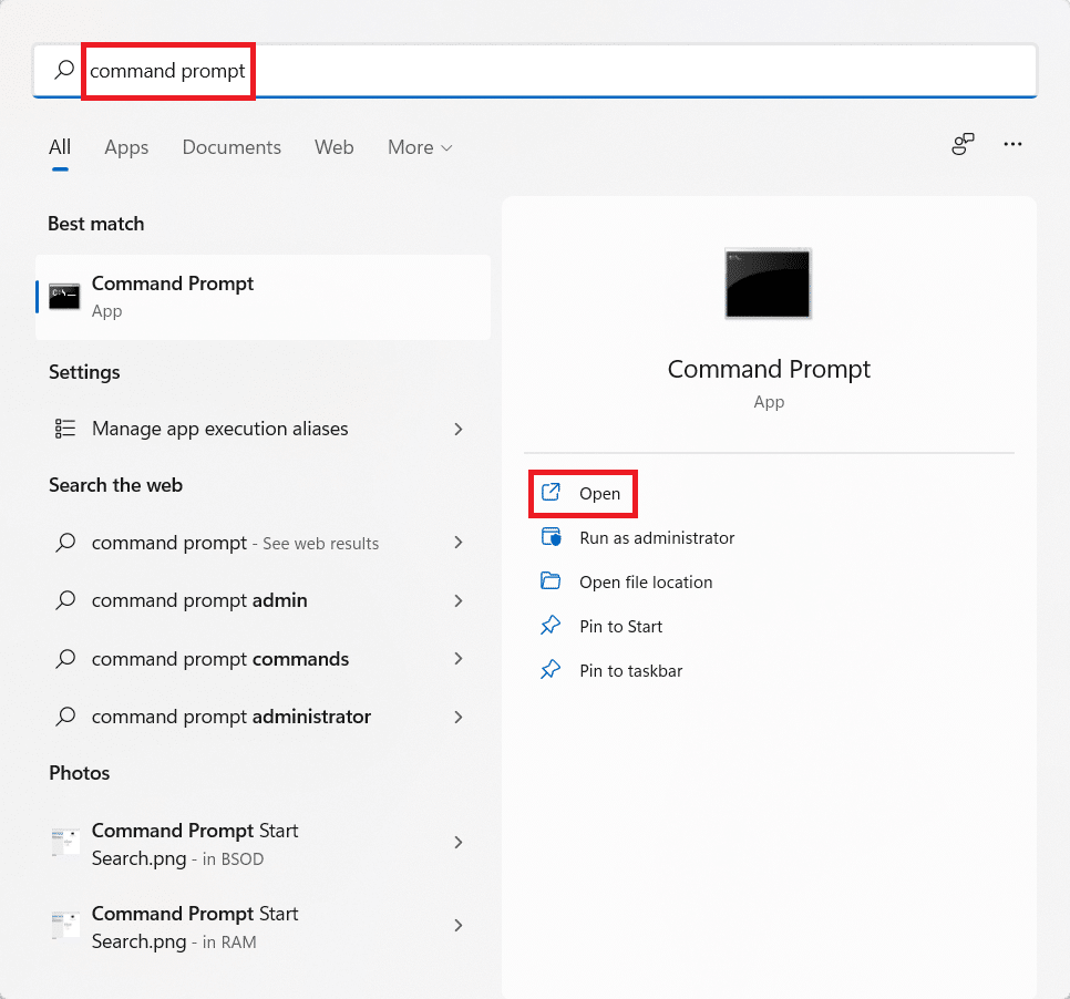 命令提示符的開始菜單搜索結果