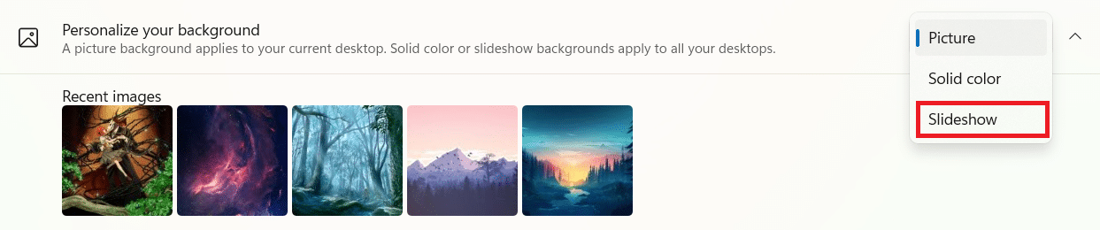 배경 옵션을 개인화하기 위한 드롭다운 목록의 슬라이드쇼 옵션