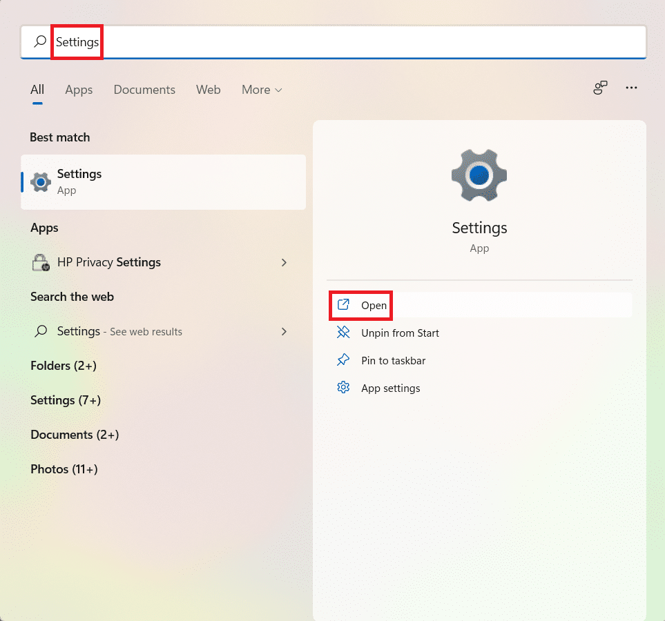 설정에 대한 시작 메뉴 검색 결과. Windows 11에서 배경 화면을 변경하는 방법