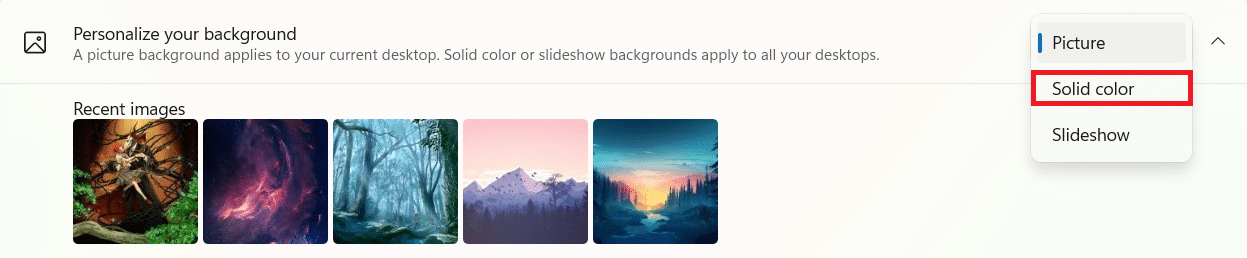 배경 개인화에 대한 드롭다운 목록의 단색 옵션. Windows 11에서 배경 화면을 변경하는 방법