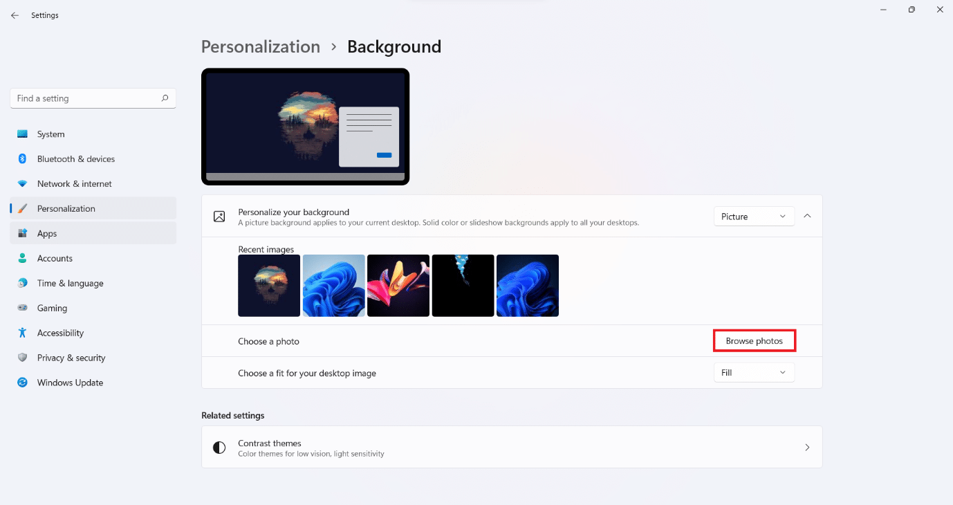 개인화의 배경 섹션. Windows 11에서 배경 화면을 변경하는 방법