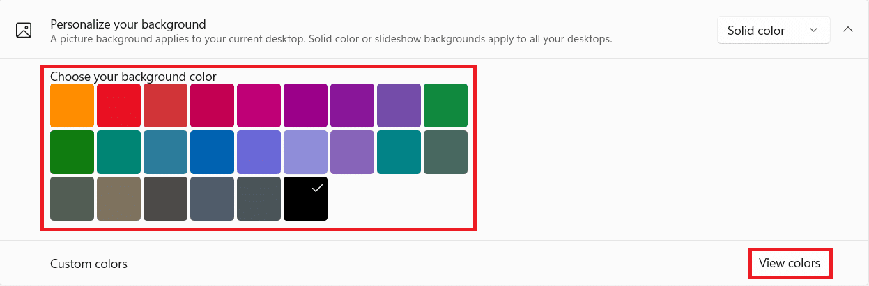 색상을 선택하거나 단색 옵션에서 색상 보기를 클릭합니다.