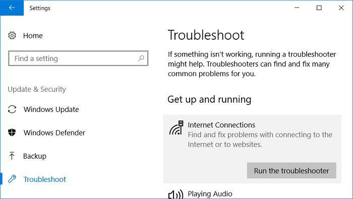Cliquez sur Connexions Internet puis cliquez sur Exécuter le dépanneur | Correction de l'absence de connexion Internet après la mise à jour vers la mise à jour des créateurs de Windows 10