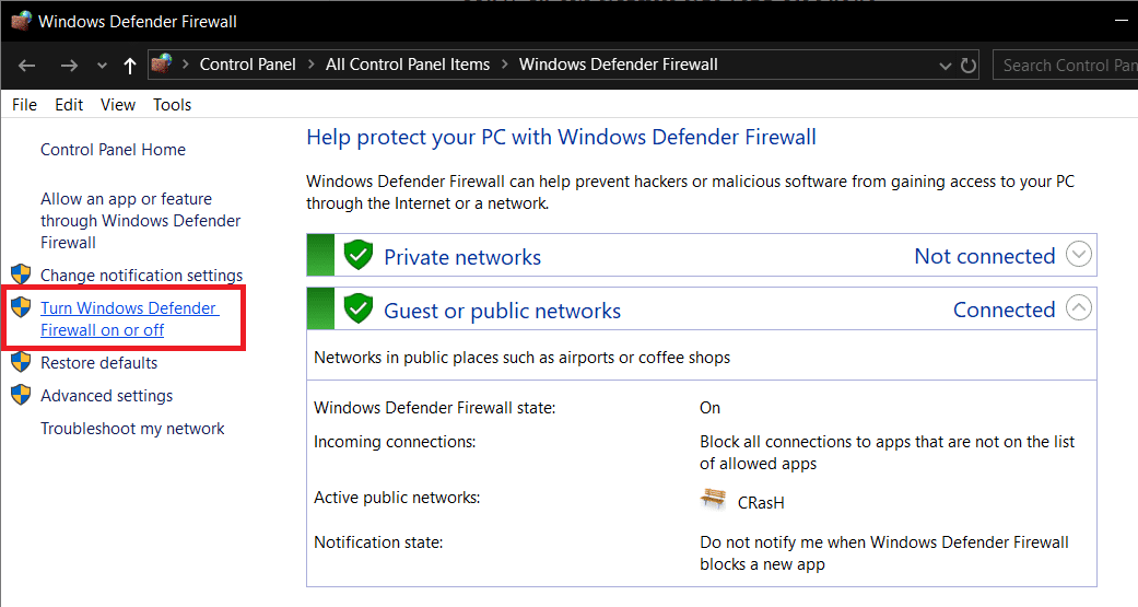 Cliquez sur Activer ou désactiver le pare-feu Windows Defender présent sur le côté gauche de la fenêtre Pare-feu