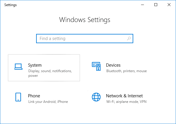 Appuyez sur la touche Windows + I pour ouvrir Paramètres, puis cliquez sur Système | Correction de l'absence de connexion Internet après la mise à jour vers la mise à jour des créateurs de Windows 10