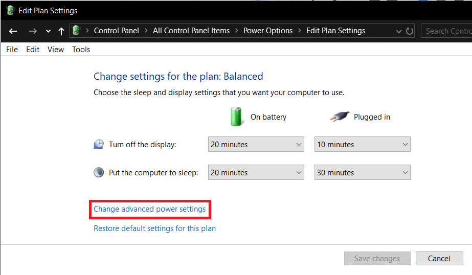 Cliquez sur Modifier les paramètres d'alimentation avancés dans la fenêtre suivante Modifier les paramètres du plan | Correction de l'absence de connexion Internet après la mise à jour vers la mise à jour des créateurs de Windows 10
