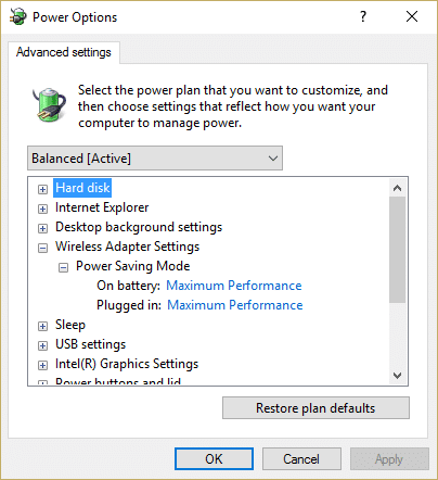 Réglez l'option Sur batterie et Branché sur Performances maximales