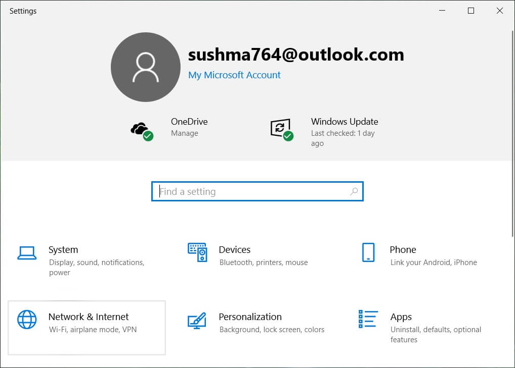 Appuyez sur la touche Windows + I pour ouvrir Paramètres, puis cliquez sur Réseau et Internet | Correction de l'absence de connexion Internet après la mise à jour vers la mise à jour des créateurs de Windows 10