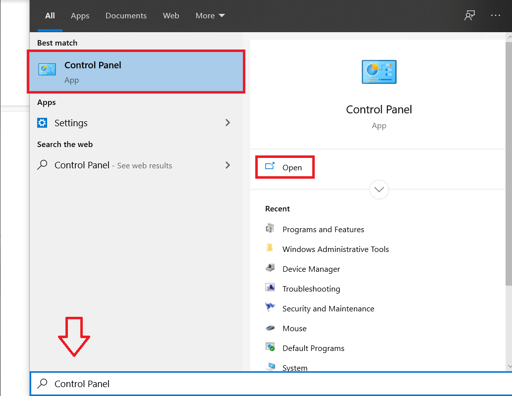 Tapez Panneau de configuration dans la barre de recherche et appuyez sur Entrée | Correction de l'absence de connexion Internet après la mise à jour vers la mise à jour des créateurs de Windows 10