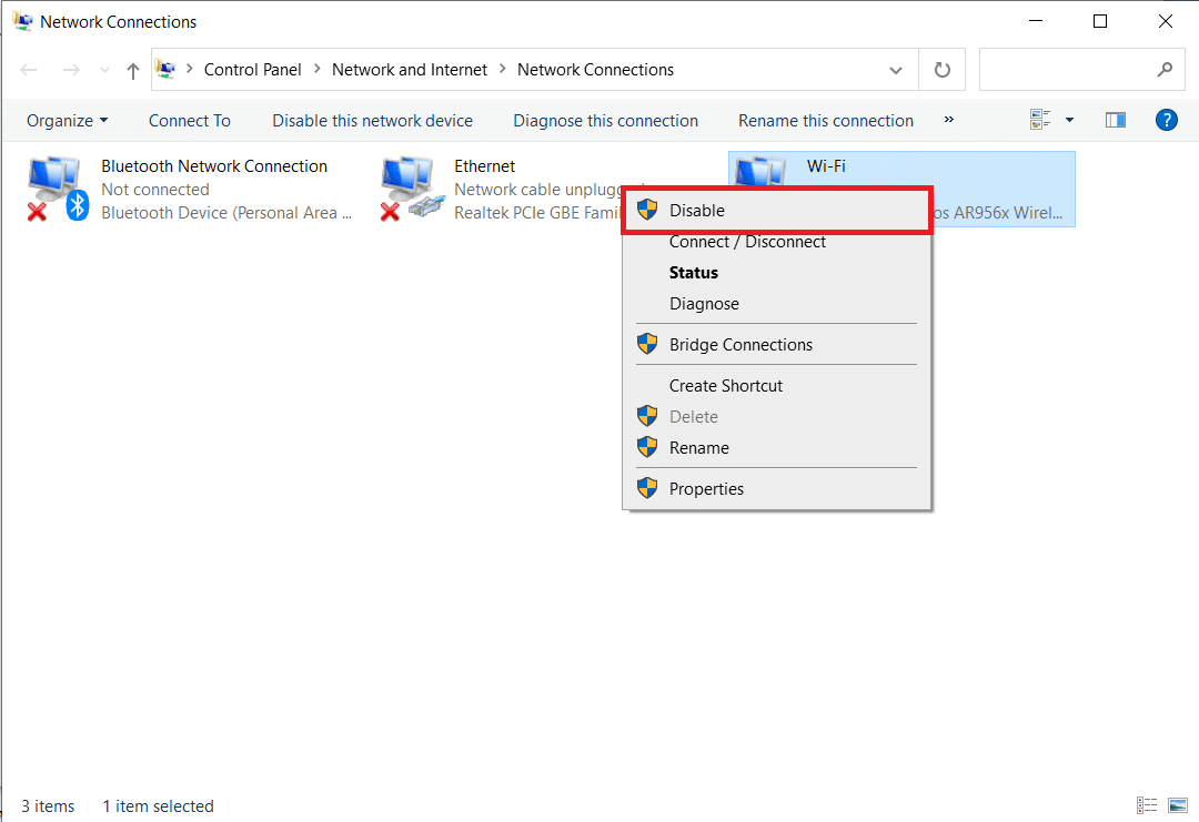 Faceți clic dreapta pe adaptorul de rețea și, în meniul derulant, faceți clic pe „Dezactivați”.
