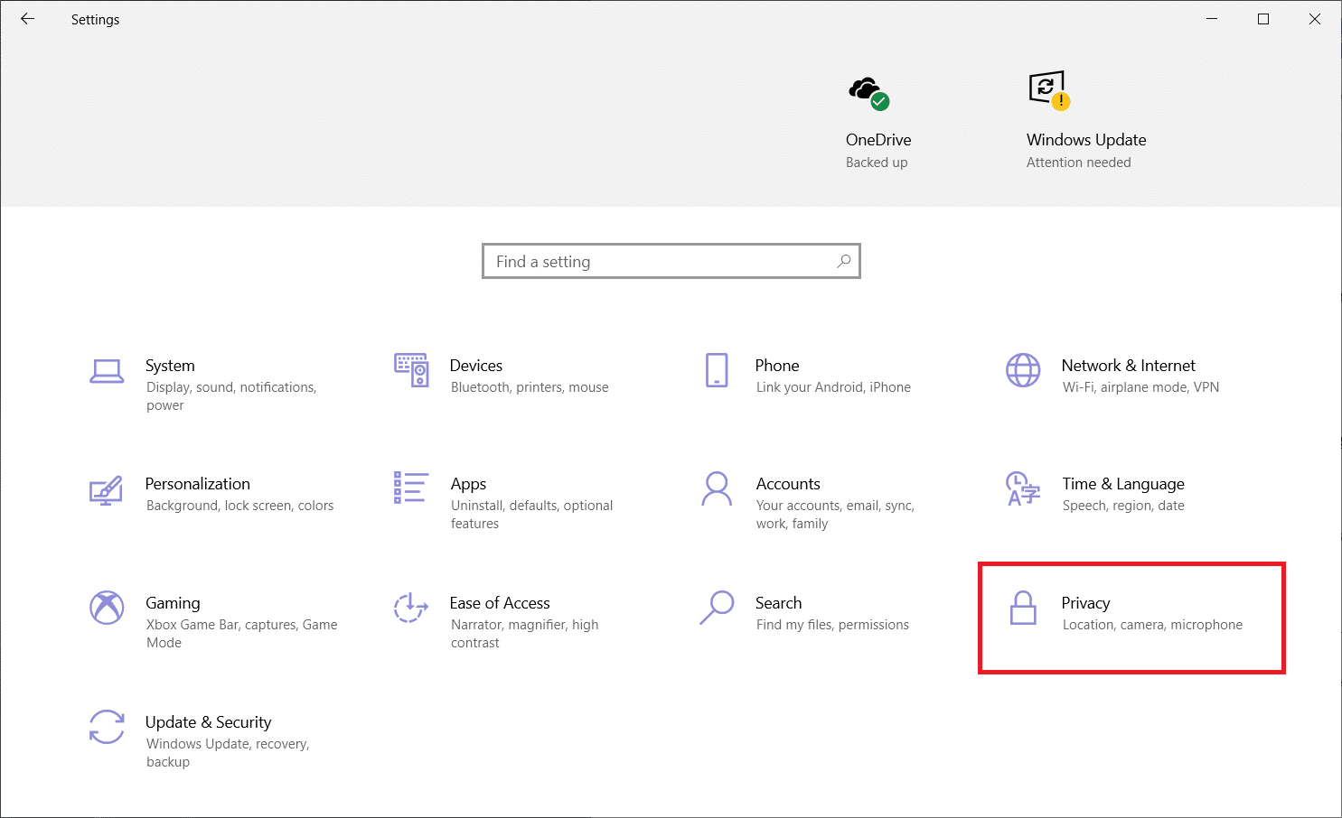 În aplicația Setare, faceți clic pe opțiunea „Confidențialitate” | 12 moduri de a vă crește viteza de internet pe Windows 10