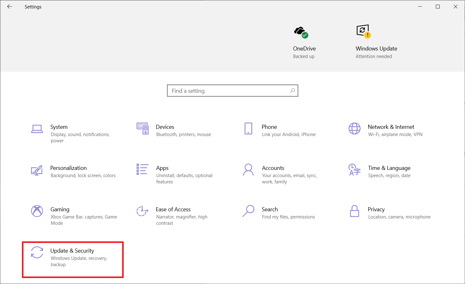Deschideți aplicația Setări și faceți clic pe „Actualizare și securitate”