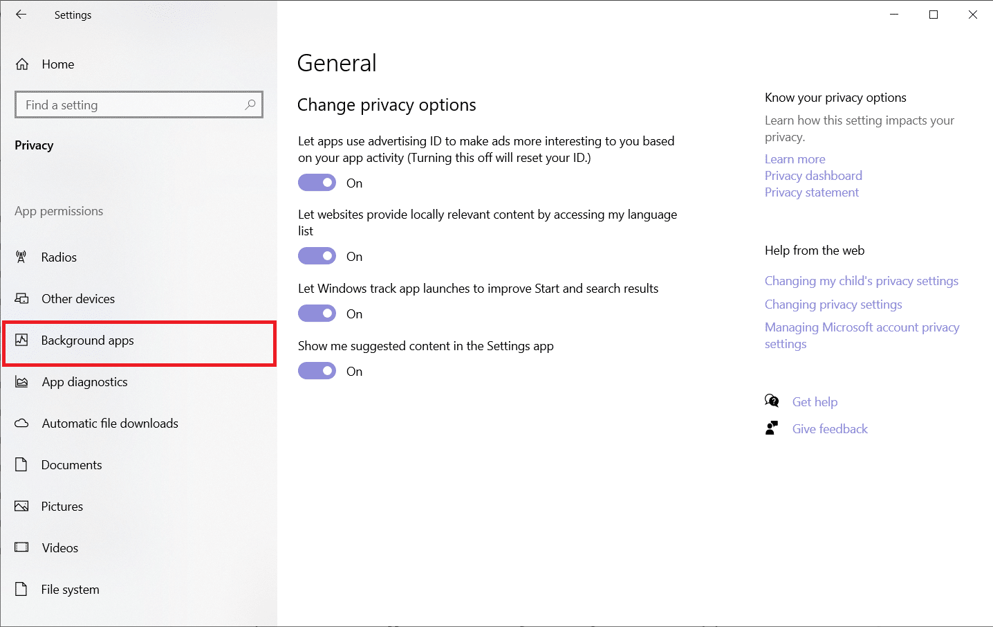 Derulați în jos pentru a găsi „Aplicații de fundal” în bara laterală din stânga. cum să măresc viteza internetului wifi