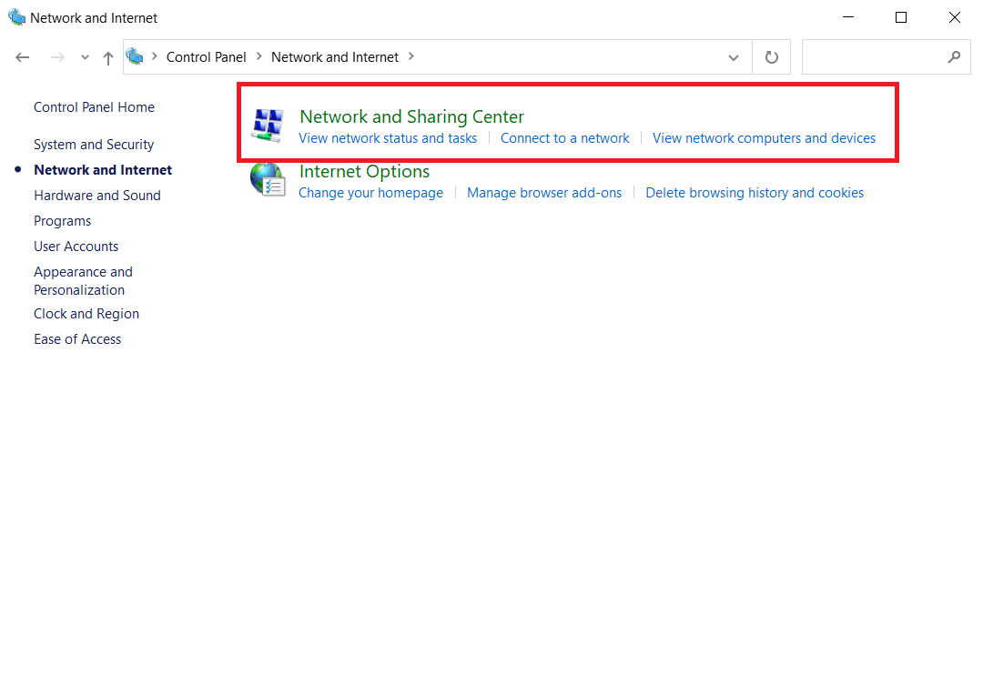 Faceți clic pe „Rețea și Internet” și apoi pe „Centrul de rețea și partajare”