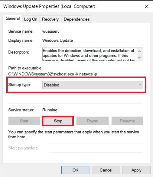 faceți clic pe butonul „Oprire” și schimbați tipul de pornire la „Dezactivat” | 12 moduri de a vă crește viteza de internet pe Windows 10