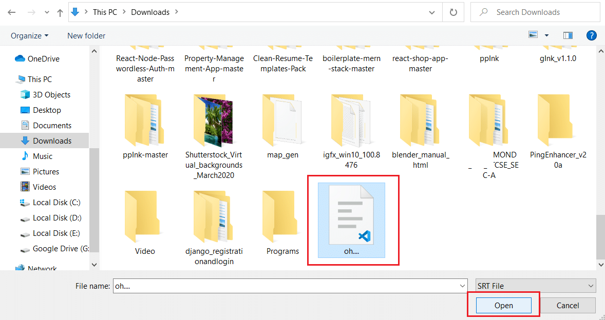 pilih file subtitle dan klik Buka