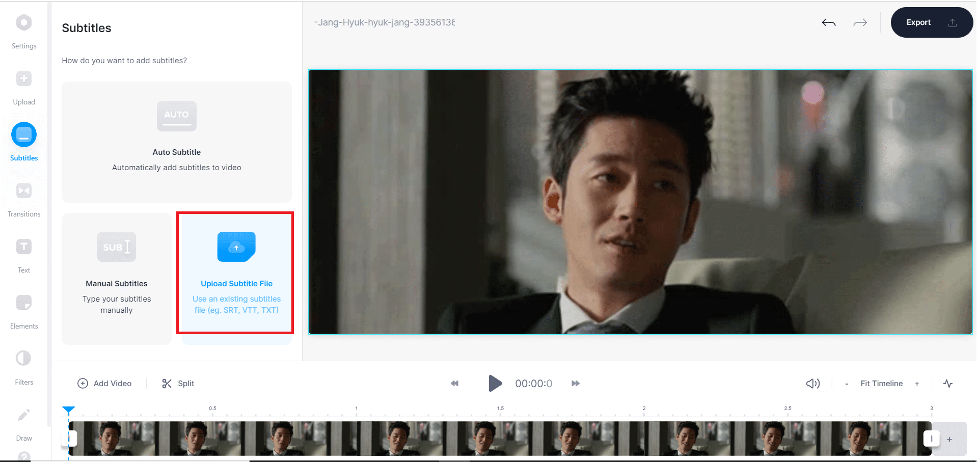Atau, pilih opsi Unggah File Subtitle untuk mengunggah file SRT.