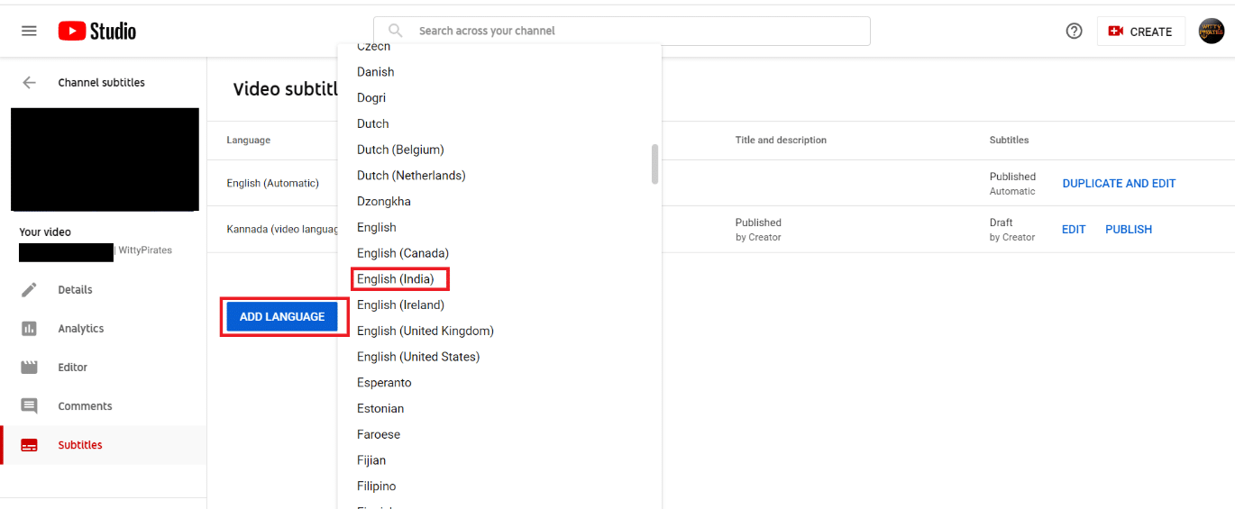 Pilih tombol TAMBAHKAN BAHASA dan pilih bahasa Anda, seperti yang ditunjukkan.