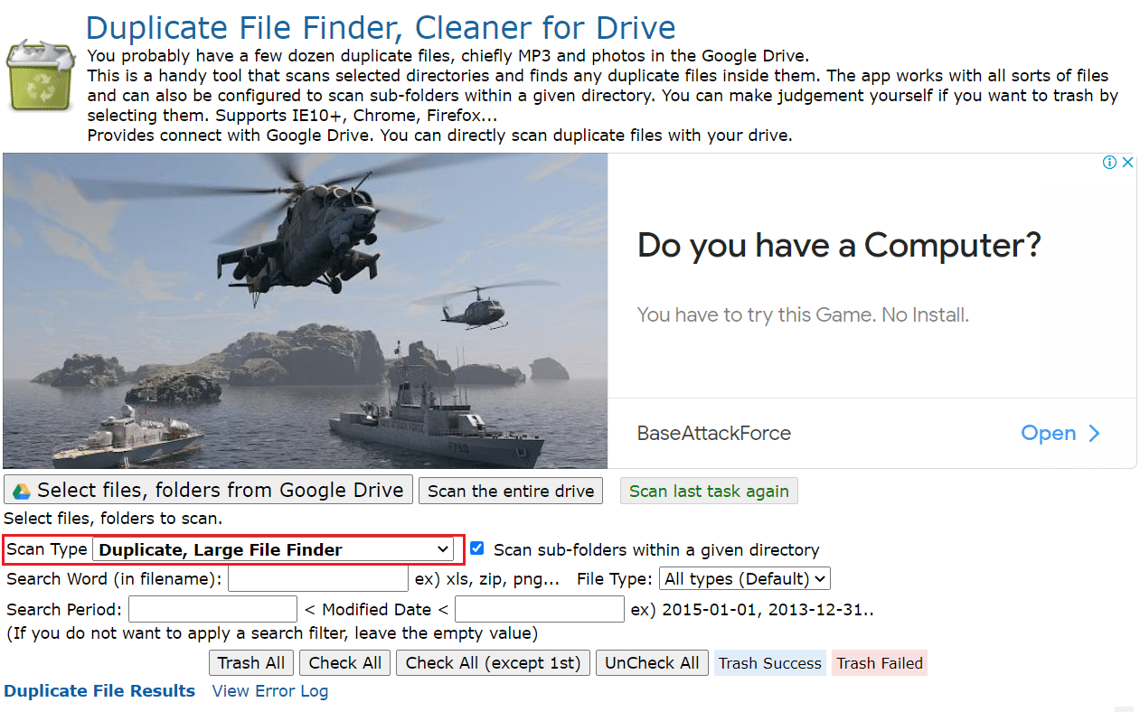 Melden Sie sich mit den richtigen Anmeldeinformationen an und stellen Sie den Scantyp auf Duplicate, Large File Finder ein