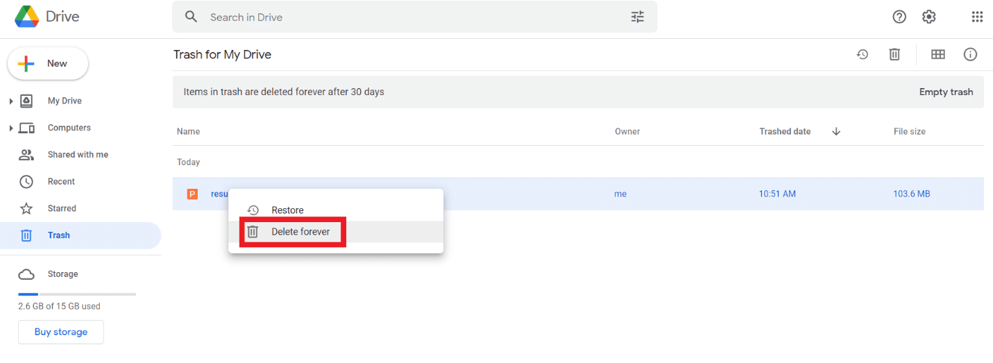 Wählen Sie im Menü „Papierkorb“ die Datei aus, klicken Sie mit der rechten Maustaste darauf und klicken Sie auf die Option „Für immer löschen“.