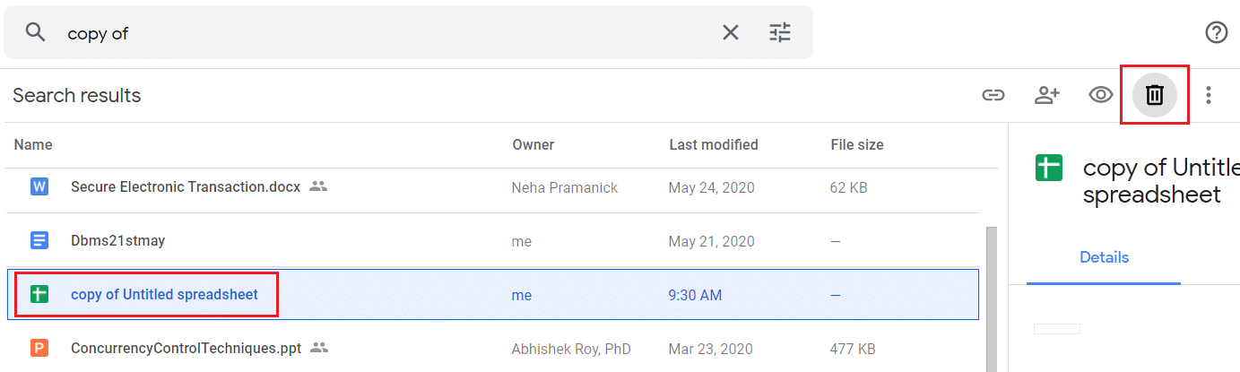 Wählen Sie die doppelte Datei aus und klicken Sie in Google Drive auf das Symbol „Löschen“ oder „Papierkorb“.