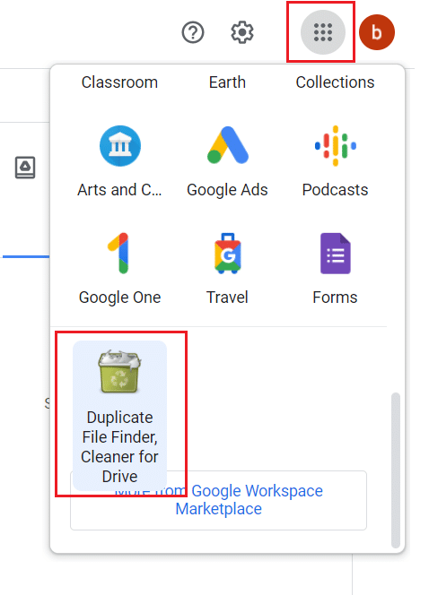 Klicken Sie auf das Apps-Symbol und wählen Sie die App zur Suche nach doppelten Dateien in Google Drive aus