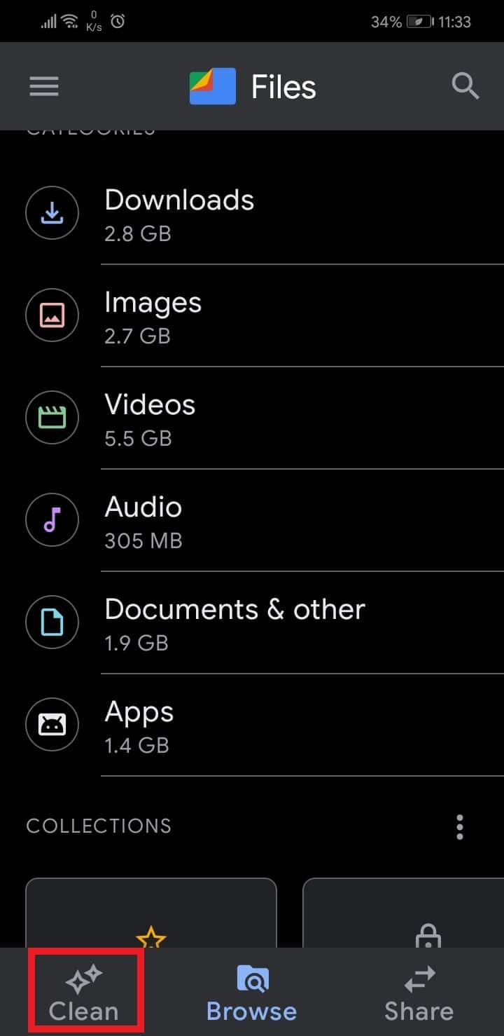 Tippen Sie unten in Google Drive auf das Symbol „Reinigen“.